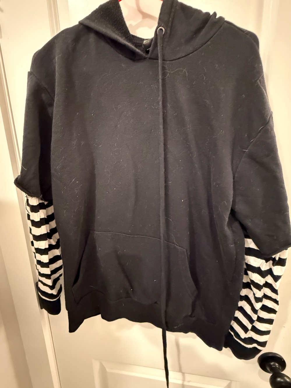 Hot Topic Black Crewneck Hoodie with Black & White Striped Sleeves